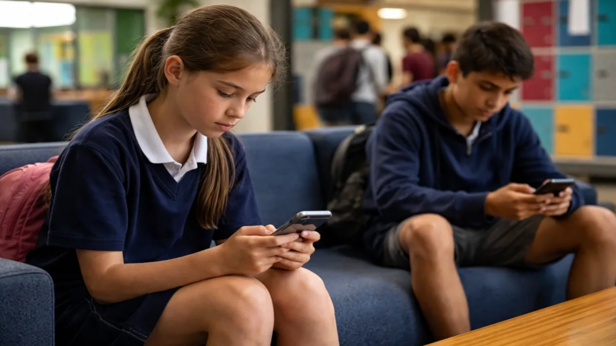 Two school students sitting in a school common area, both focused on their smartphones while other students move in the background, illustrating concerns about children’s social media use and its impact on wellbeing.