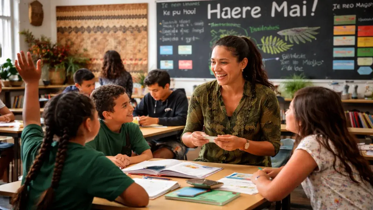Teacher leading a classroom lesson in te reo Māori while students sit around a table participating in language learning activities, illustrating the growing demand for Māori language education in New Zealand schools.